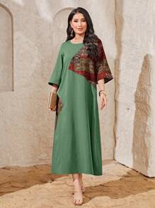 Seusyu 撞色拼接圖案荷葉袖連衣裙 - 綠色 - 查看 4