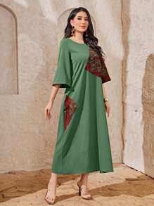 Seusyu 撞色拼接圖案荷葉袖連衣裙 - 綠色 - 查看 5