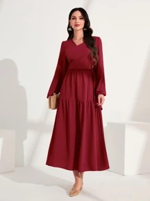 Mulvari Vestido unicolor de manga farol bajo con fruncido - Rojo - Ver 1