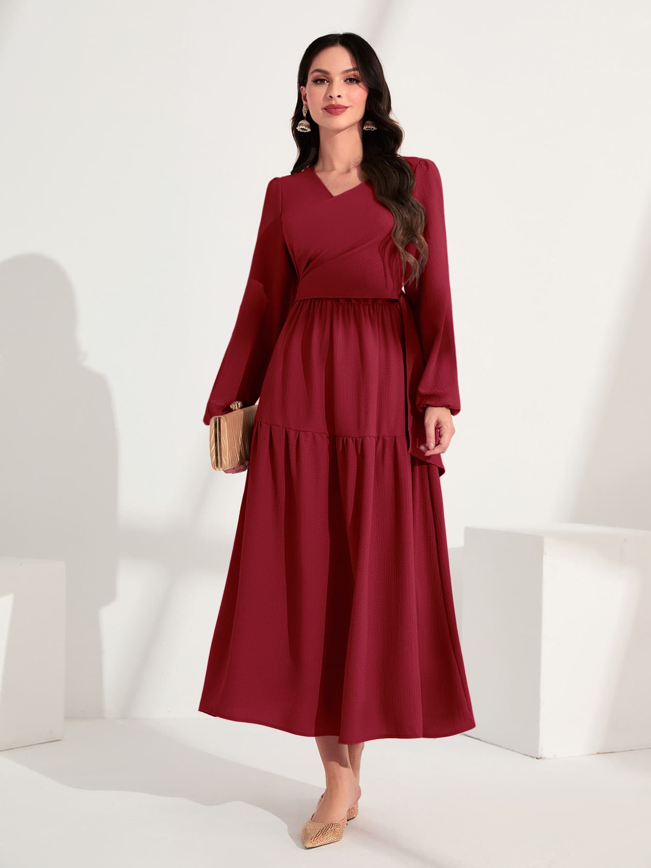 Mulvari Vestido unicolor de manga farol bajo con fruncido - Rojo - Ver 1