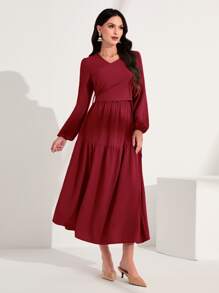 Mulvari Vestido unicolor de manga farol bajo con fruncido - Rojo - Ver 4