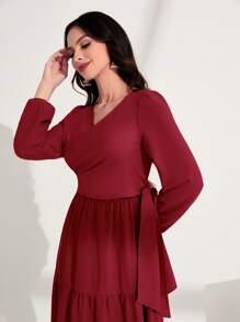 Mulvari Vestido unicolor de manga farol bajo con fruncido - Rojo - Ver 5