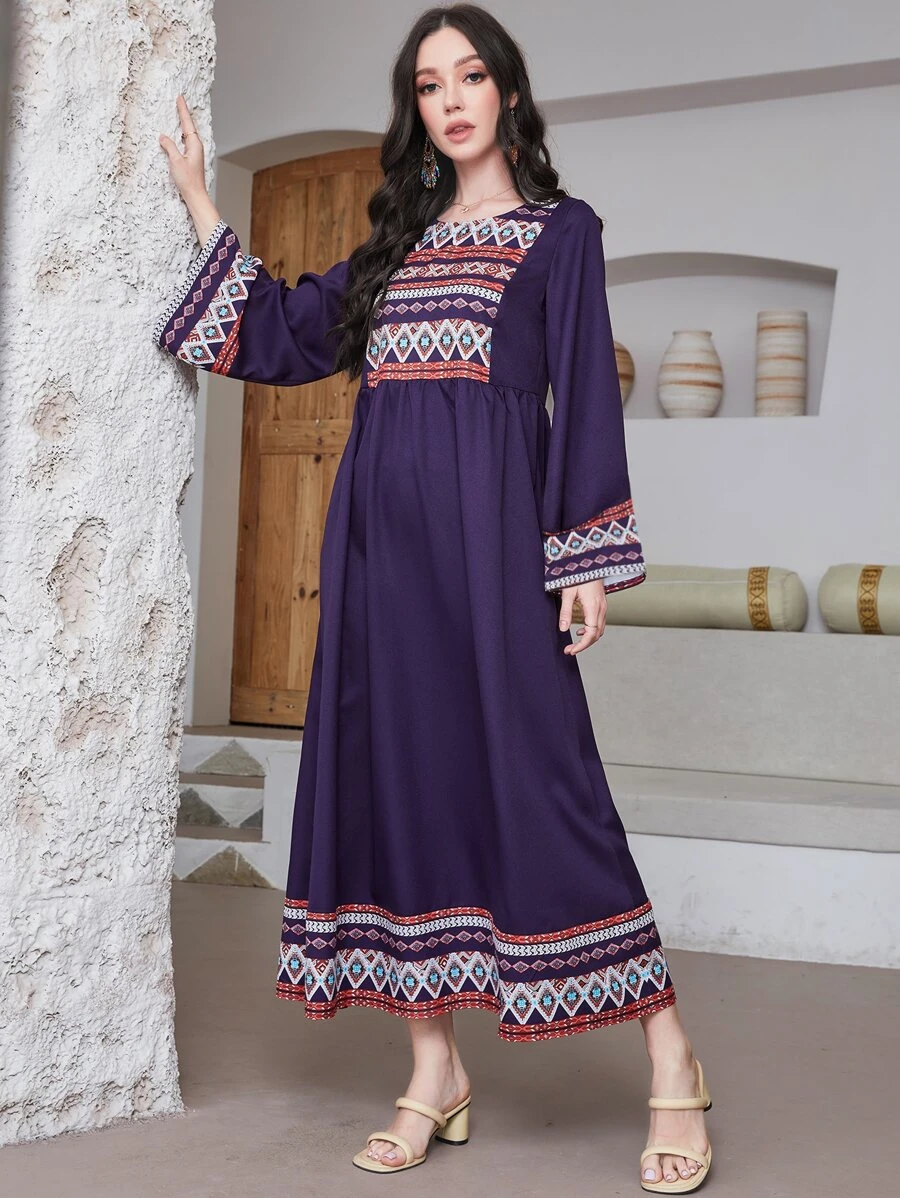 Seusyu Geo Print Trumpet Sleeve Smock Modest Long Sleeve Dress - Purple - View 1