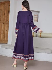 Seusyu Geo Print Trumpet Sleeve Smock Modest Long Sleeve Dress - Purple - View 2