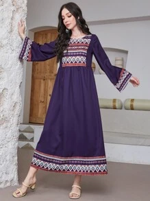 Seusyu Geo Print Trumpet Sleeve Smock Modest Long Sleeve Dress - Purple - View 3