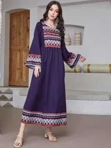 Seusyu Geo Print Trumpet Sleeve Smock Modest Long Sleeve Dress - Purple - View 4
