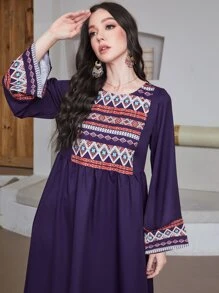 Seusyu Geo Print Trumpet Sleeve Smock Modest Long Sleeve Dress - Purple - View 5