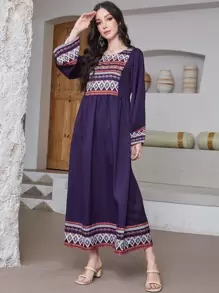 Seusyu Geo Print Trumpet Sleeve Smock Modest Long Sleeve Dress - Purple - View 6