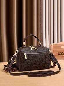 时尚字母装饰方形手提包搭配随机图案围巾、复活节礼物钱包 - 咖啡棕 - 查看 3