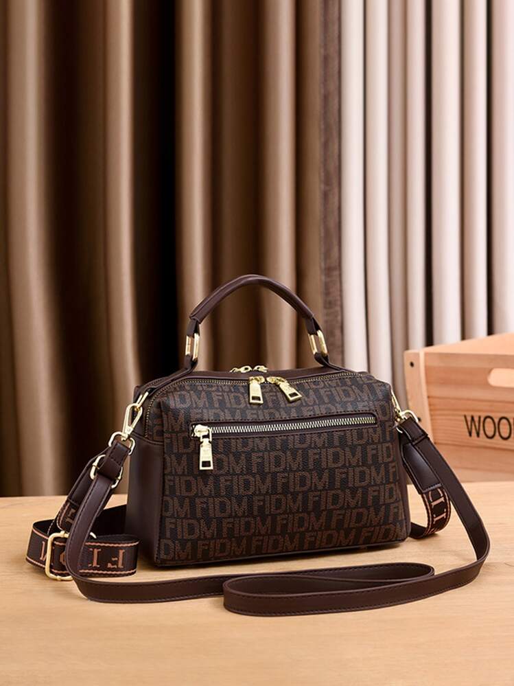 Fashion Letter Decor Square Handbag With Random Pattern Scarf, Easter Gifts Purse - Coffee Brown - View 2