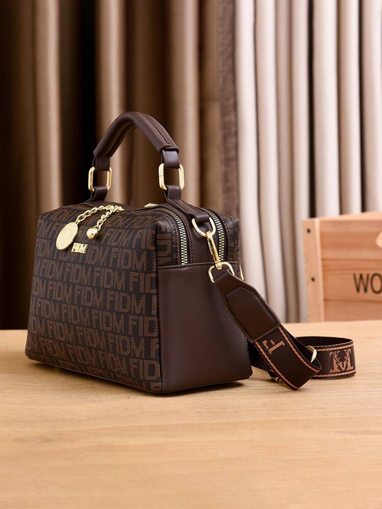 Fashion Letter Decor Square Handbag With Random Pattern Scarf, Easter Gifts Purse - Coffee Brown - View 5