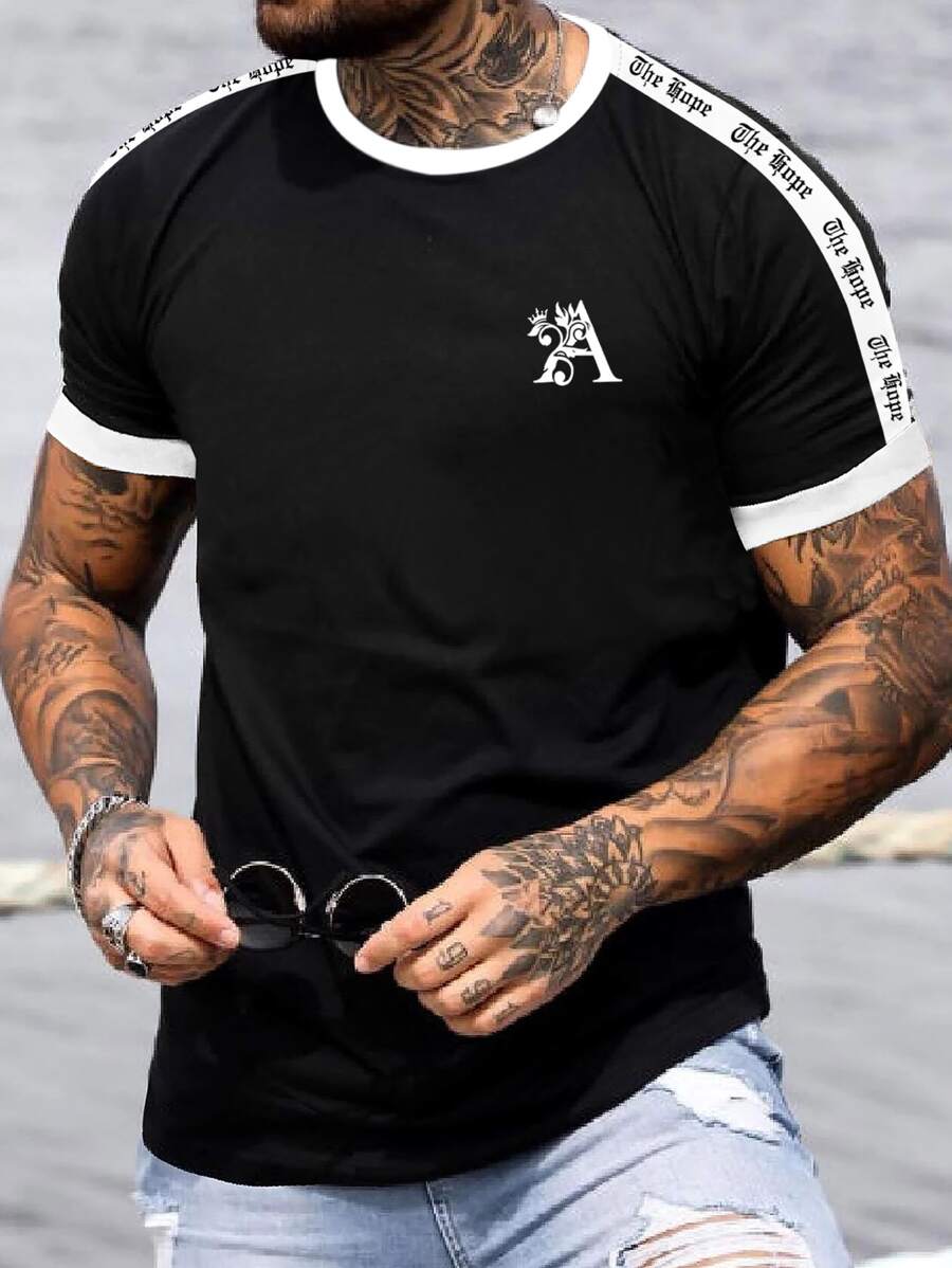 Manfinity Homme Men T-Shirts Fit Crew Neck Short Sleeve Graphic Tee Letter Graphic Street Summer Polyester - Black - View 1