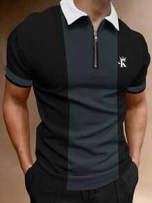 Manfinity Homme Áo thun có cổ Nam Dây kéo Khối Màu Lá thư Giải trí - Nhiều màu - Xem 1