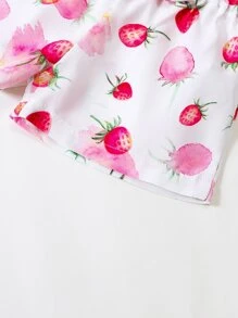 SHEIN 嬰兒前扭結荷葉邊上衣和草莓圖案短褲 - 彩色 - 查看 6