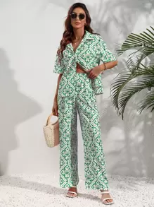 SHEIN VCAY 滿版印花襯衫和闊腿褲 - 綠色 - 查看 1