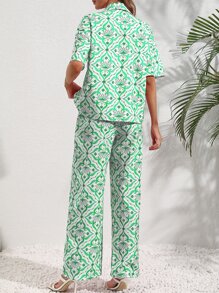 SHEIN VCAY 滿版印花襯衫和闊腿褲 - 綠色 - 查看 2