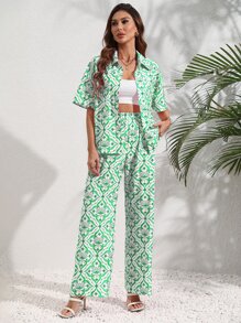 SHEIN VCAY 滿版印花襯衫和闊腿褲 - 綠色 - 查看 3