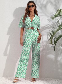 SHEIN VCAY 滿版印花襯衫和闊腿褲 - 綠色 - 查看 4