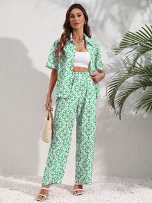 SHEIN VCAY 滿版印花襯衫和闊腿褲 - 綠色 - 查看 6