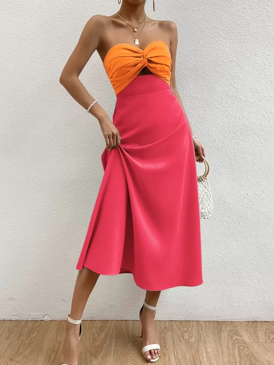 Zolique Two Tone Twist Front Tube Dress - Multicolor - View 1