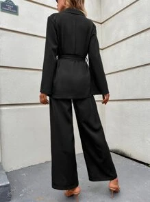 SHEIN Clasi 開衩袖腰帶西裝外套和闊腿褲 - 黑色 - 查看 2