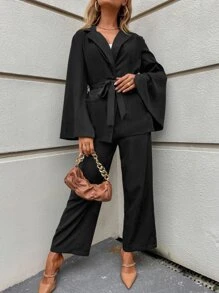 SHEIN Clasi 開衩袖腰帶西裝外套和闊腿褲 - 黑色 - 查看 3