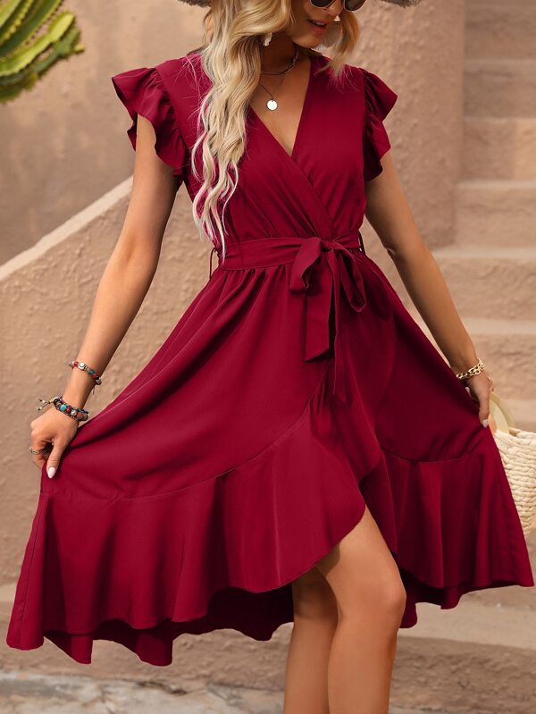 SHEIN Clasi Butterfly Sleeve Ruffle Trim Wrap Hem Belted Dress Burgundy Maxi Women Outfit