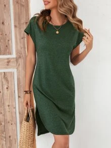 SHEIN LUNE Solid Batwing Sleeve Curved Hem Tee Dress - Dark Green - View 6