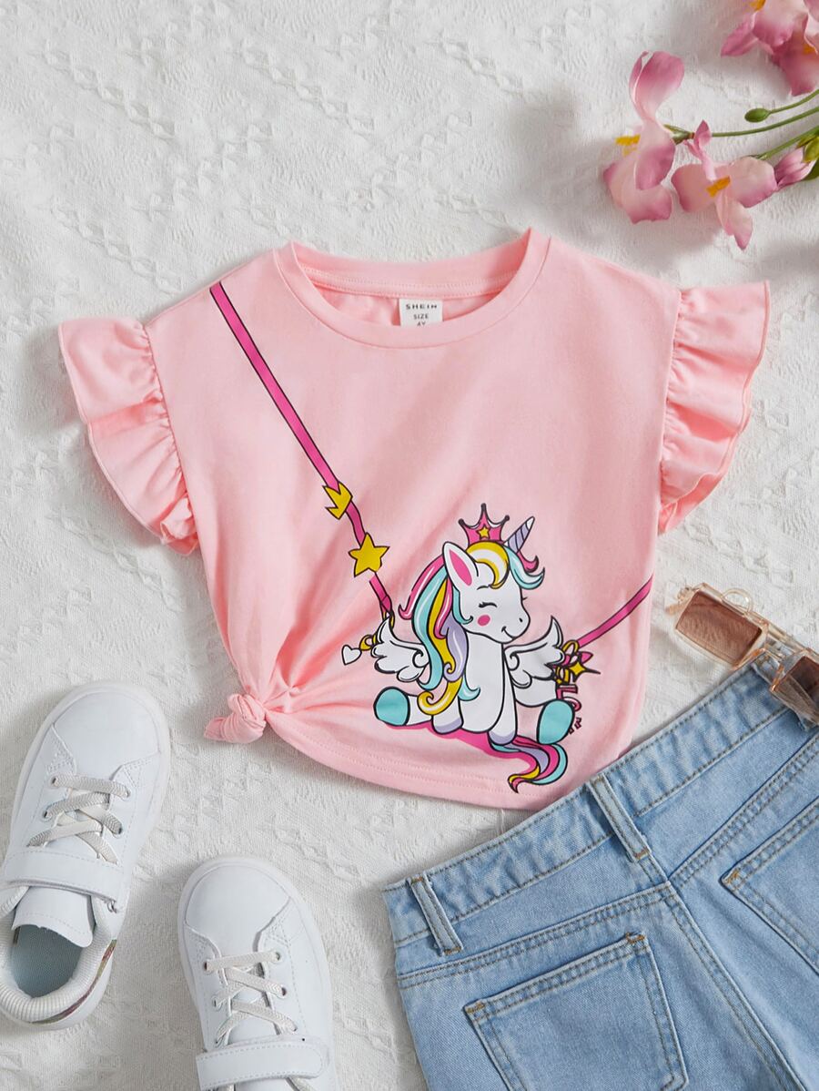 SHEIN 小女童獨角獸印花荷葉邊T恤