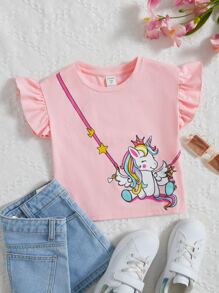 SHEIN 小女童獨角獸印花荷葉邊T恤