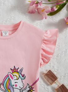 SHEIN 小女童獨角獸印花荷葉邊T恤