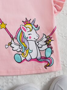 SHEIN 小女童獨角獸印花荷葉邊T恤