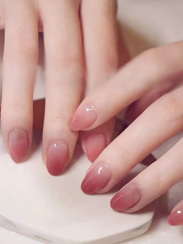 Get Glamorous With 24pcs Short Oval Pink Ombre Glossy Fake Nail & 1pc Nail File & 1sheet Tape Press On Nails Nail Supplies