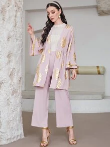 Modelyn 燙金花朵印花開門襟外套和褲子 - 粉色 - 查看 3
