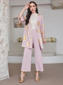 Modelyn 燙金花朵印花開門襟外套和褲子 - 粉色 - 查看 4