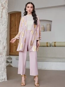 Modelyn 燙金花朵印花開門襟外套和褲子 - 粉色 - 查看 6