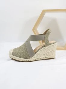 度假露跟坡跟鞋適用於女士亚麻尖頭編織鞋 - 杏色 - 查看 2