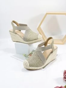 度假露跟坡跟鞋適用於女士亚麻尖頭編織鞋 - 杏色 - 查看 3