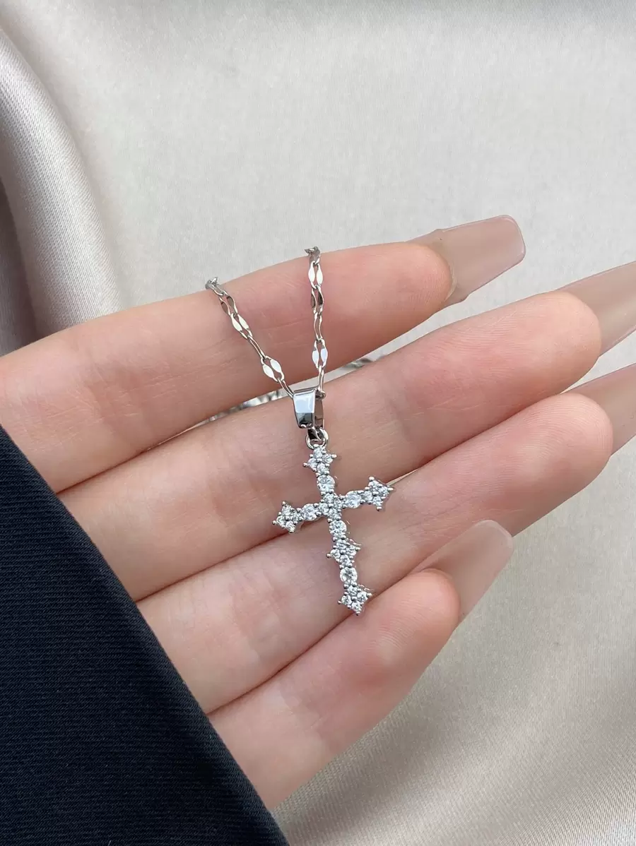 1條時尚極簡閃亮氧化鋯項鍊,適合女士,精緻不鏽鋼鎖骨鏈首飾,派對生日禮物 - 銀色 - 查看 1