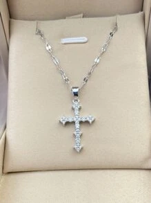 1條時尚極簡閃亮氧化鋯項鍊,適合女士,精緻不鏽鋼鎖骨鏈首飾,派對生日禮物 - 銀色 - 查看 2