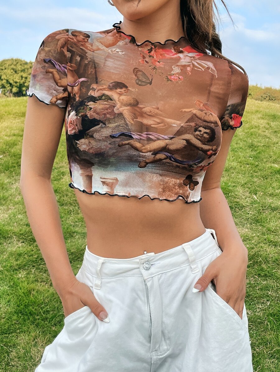 SHEIN EZwear 人像圖案木耳邊短款網紗上衣不附文胸 - 彩色 - 查看 1