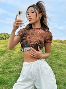 SHEIN EZwear 人像圖案木耳邊短款網紗上衣不附文胸 - 彩色 - 查看 5