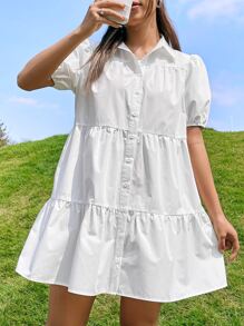 SHEIN EZwear Đầm Viên lá sen Nút phía trước màu trơn Dễ thương - trắng - Xem 1