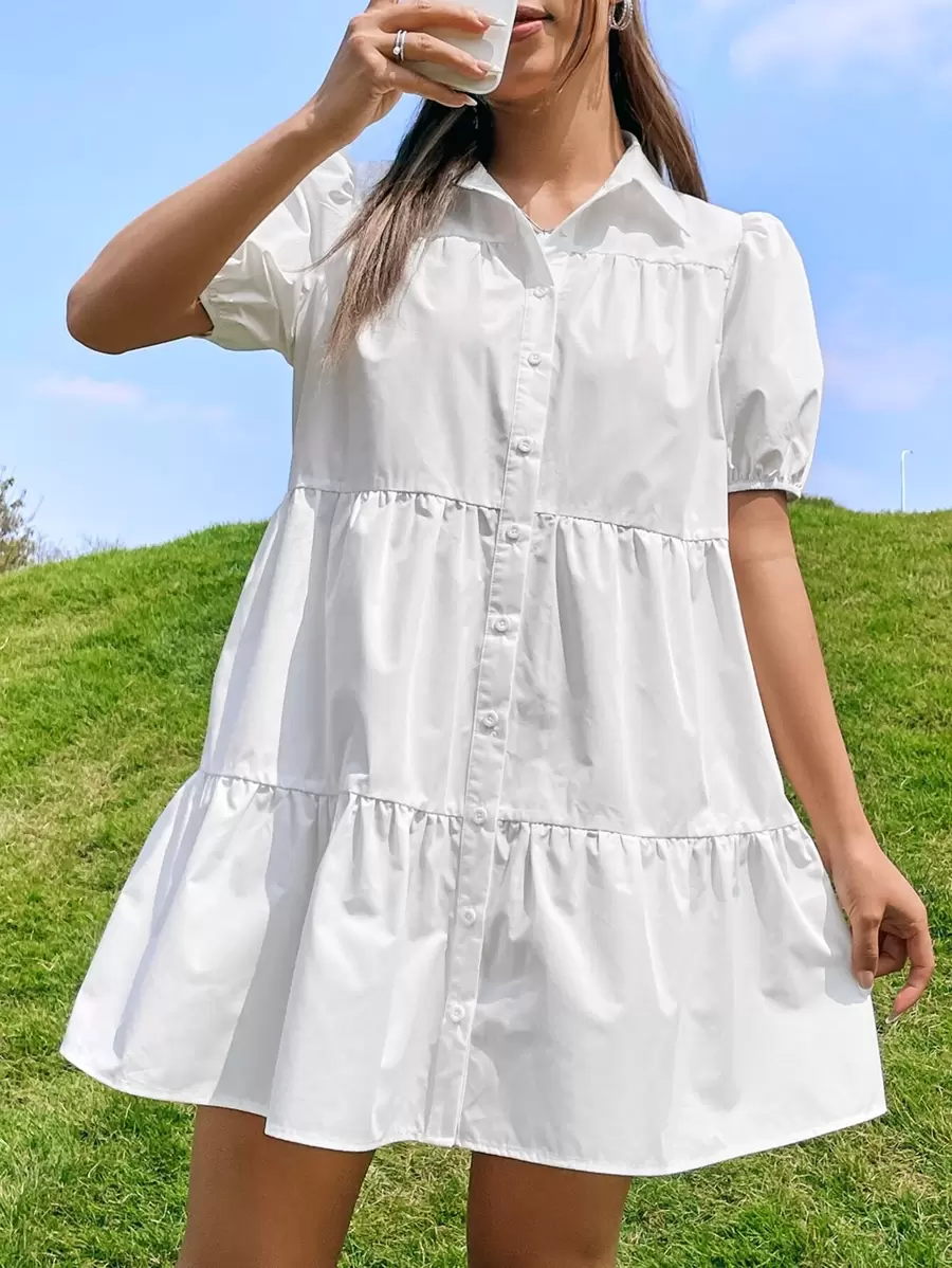 SHEIN EZwear Đầm Viên lá sen Nút phía trước màu trơn Dễ thương - trắng - Xem 1