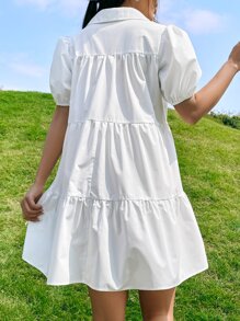 SHEIN EZwear Đầm Viên lá sen Nút phía trước màu trơn Dễ thương - trắng - Xem 2