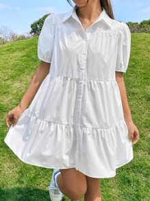 SHEIN EZwear Đầm Viên lá sen Nút phía trước màu trơn Dễ thương - trắng - Xem 4