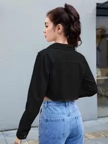 SHEIN Teen Girls Flap Pocket Crop Denim Jacket