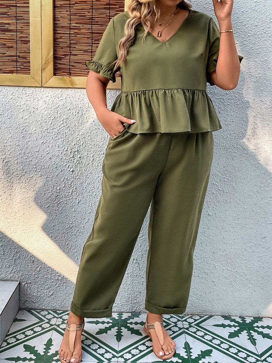 SHEIN LUNE 大碼荷葉袖花邊下擺上衣和褲子 - 軍綠色 - 查看 1