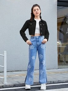 SHEIN Teen Girls Flap Pocket Crop Denim Jacket