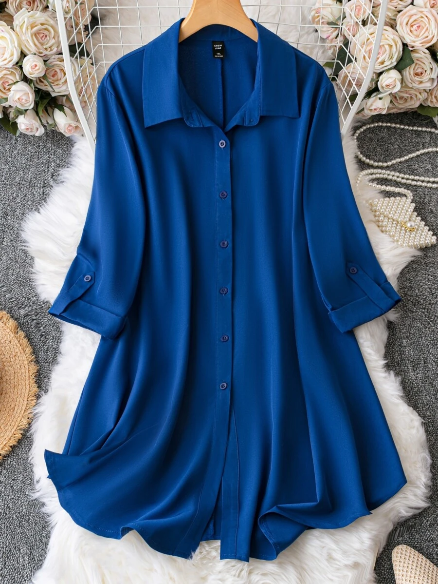 SHEIN LUNE Plus Roll Tab Sleeve Shirt Dress